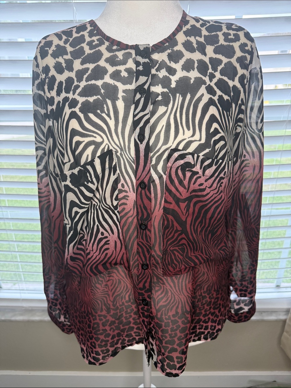 Sheer Animal Print Button-Front Blouse in Pink Ombre